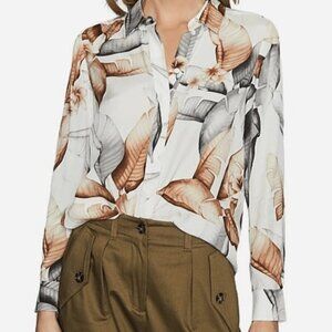 REISS Leeta Blouse US 6 Leaf Print Ivory White Gray Button Front Quiet Luxury